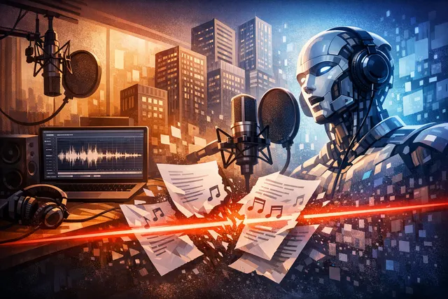 Abstract visualization of a music streaming interface with AI-generated and human artist labels, representing the music industry's response to AI-generated content.