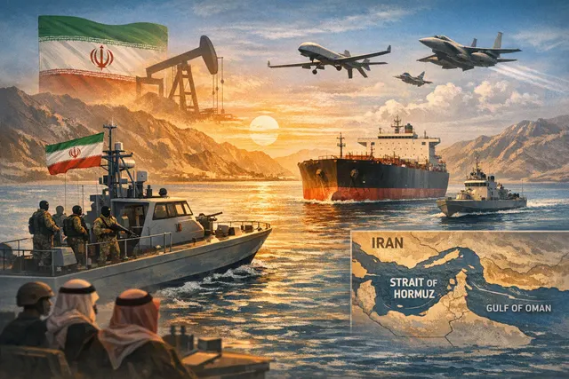 Map or conceptual image of the Strait of Hormuz, the strategic waterway between Iran, Oman, and the United Arab Emirates.