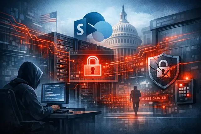Abstract representation of a cybersecurity vulnerability exploit targeting a Microsoft SharePoint server
