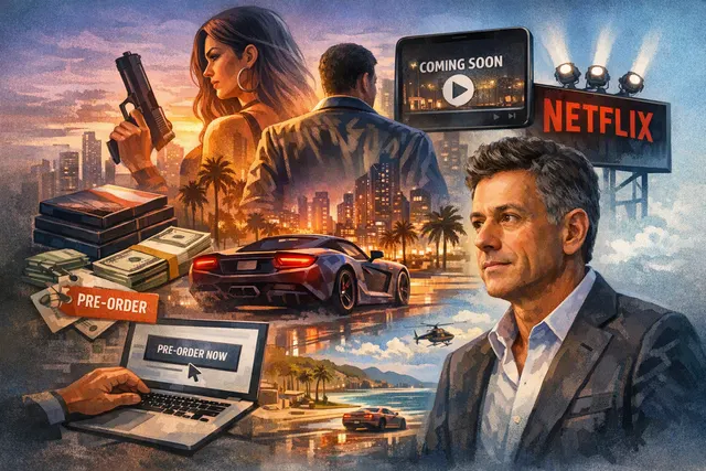 GTA 6 artwork featuring the game's neon-lit Vice City skyline with palm trees and a sunset sky