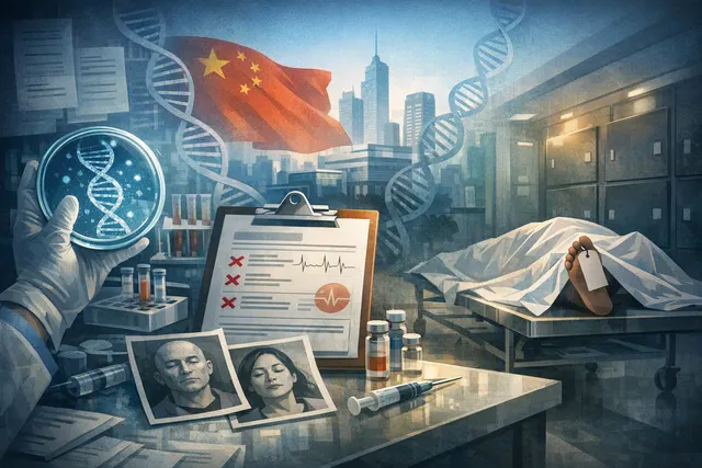 A conceptual illustration representing DNA, gene editing, and a medical trial setting, symbolizing the hidden patient deaths in Chinese gene-editing trials.