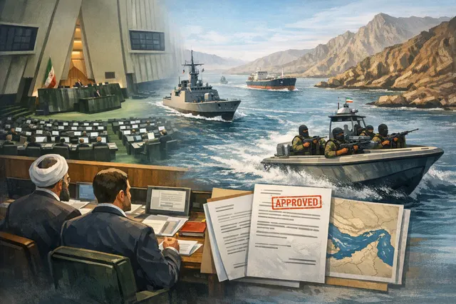 AI-generated image of a naval vessel in the Strait of Hormuz under a dramatic sky, representing the Iran-US standoff over control of the critical waterway.
