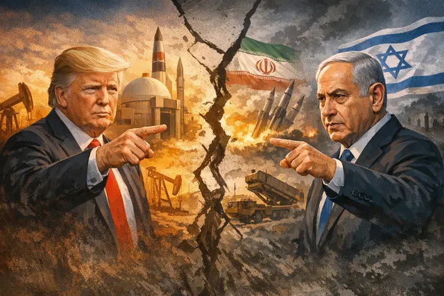 Split illustration of Donald Trump and Benjamin Netanyahu on opposite sides of a negotiation table with Iran's nuclear program and oil tankers in the background.