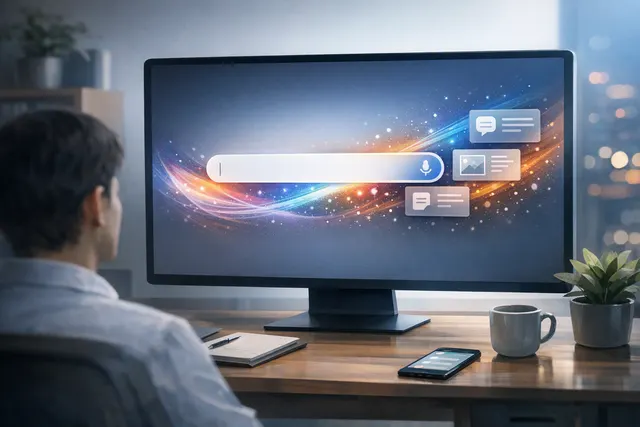 A digital illustration of a computer monitor displaying Google's new AI-first homepage, with AI shortcuts replacing the classic search button.