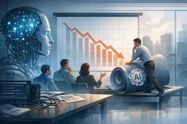 Abstract visualization of AI infrastructure and data centers with financial charts showing declining returns, representing the gap between AI investment and measurable business out