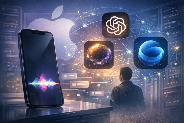 Conceptual illustration of Apple's Siri Extensions framework in iOS 27 beta, showing selectable AI models including ChatGPT, Claude, and Google Gemini.