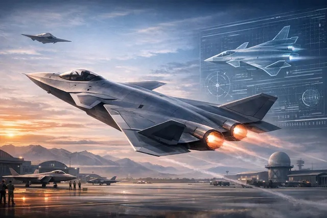 AI-generated conceptual image of the Shenyang J-50 tailless lambda-wing sixth-generation stealth fighter in flight, highlighting its radical tailless design and advanced aerodynami
