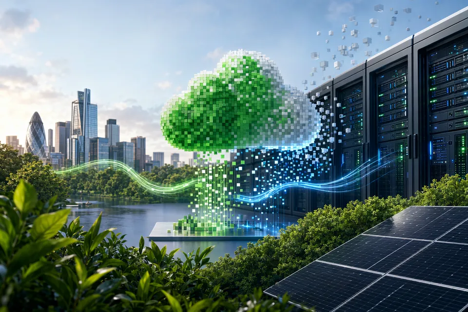 Illustration representing Greenpixie software analyzing energy use and emissions from cloud and AI infrastructure