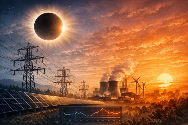 AI-generated illustration of a solar eclipse over a European city skyline with power lines and solar panels, representing the strain on the electricity grid.