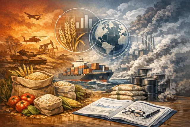 Editorial illustration of grain fields, fertilizer supply chains and storm clouds representing JPMorgan’s warning about global food inflation in 2027