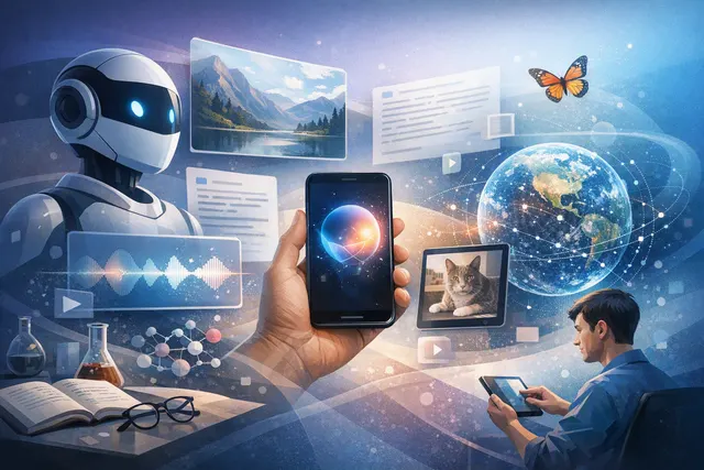 Abstract editorial illustration representing Google Gemini’s multimodal AI assistant, video generation and connected apps