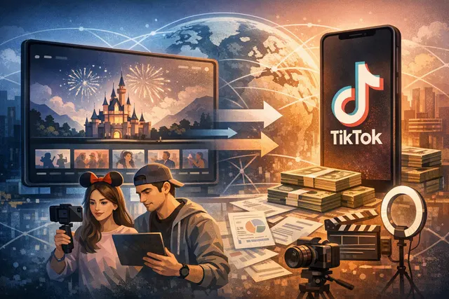 Abstract illustration of Disney branding blending with TikTok's logo and video interface, representing the Disney-TikTok content partnership
