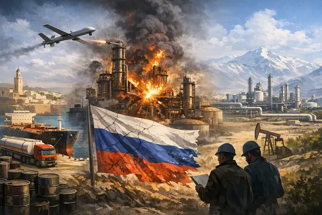 A conceptual image of an oil tanker and refinery infrastructure, representing Russia's fuel crisis and its unprecedented imports of gasoline from Morocco.
