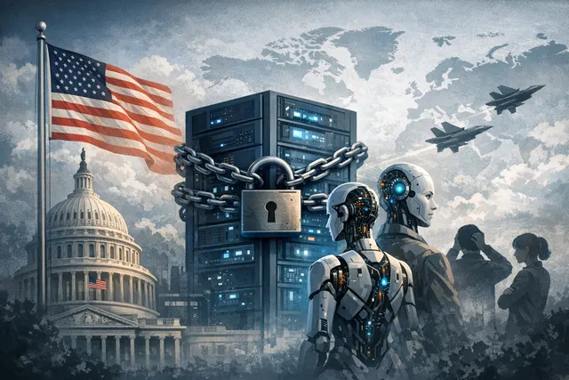 Illustration depicting the shutdown of Anthropic's Fable 5 and Mythos 5 AI models after a U.S. government national security directive.