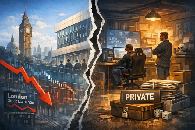 Abstract digital illustration representing Devolver Digital's departure from the London Stock Exchange, with stock market charts fading into a gaming controller silhouette, symboli