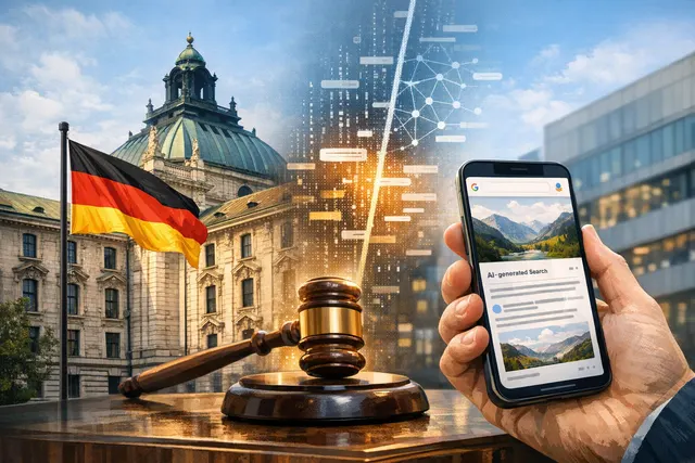 A Munich courtroom gavel over a digital interface displaying AI-generated search results, representing the landmark Google AI Overviews liability ruling.