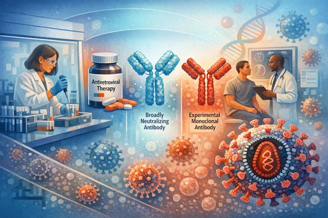 Microscopic illustration of HIV virus particles with antibody and drug molecules in a neonatal context