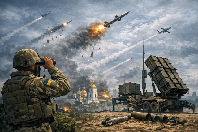 A somber aerial view of Kyiv at dawn with air defense searchlights scanning the sky above damaged buildings, symbolizing Ukraine's strained air defense network.