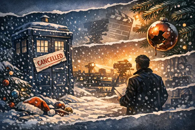A TARDIS in a darkened studio, spotlight fading, representing the uncertain future of Doctor Who after the BBC cancelled its 2026 Christmas special and parted ways with the showrun