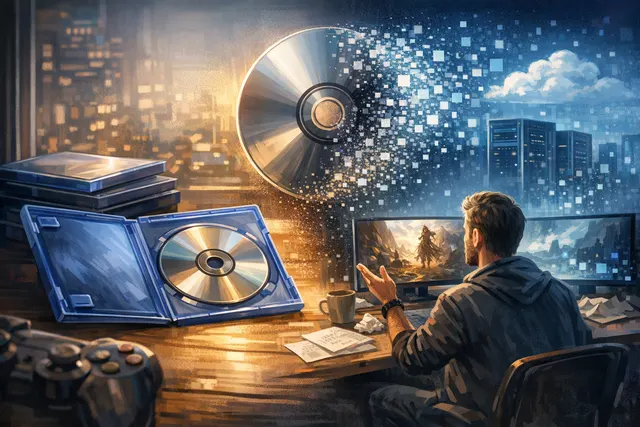 AI-generated editorial image representing the concept of physical game disc phase-out and developer criticism from Clair Obscur: Expedition 33