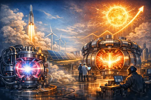 A rendered visualization of a compact fusion reactor prototype glowing with superheated plasma, illustrating recent milestones in fusion energy technology.