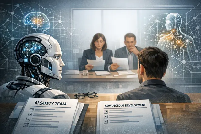 A futuristic digital illustration showing AI filtering symbols over a résumé pile, with one document flagged by a human hand, representing the clash between AI-powered hiring and h