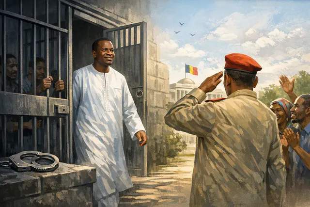 AI-generated editorial illustration representing the presidential pardon of opposition leader Succès Masra in Chad, August 2026.