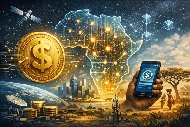Digital illustration showing a map of Africa with digital currency symbols and payment network nodes connected across the continent, representing stablecoin infrastructure and cros