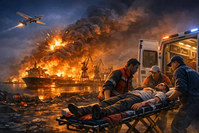 Drone strike and fire damage at the Temryuk maritime terminal, Krasnodar region, following the June 2026 Ukrainian attack