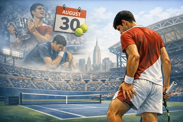 Editorial illustration of Carlos Alcaraz preparing to return to tennis after a right-wrist injury ahead of the 2026 US Open