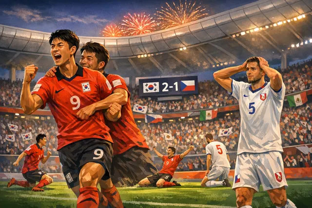 South Korea players celebrate a goal against Czechia at the 2026 FIFA World Cup, with Estadio Akron stands in the background.