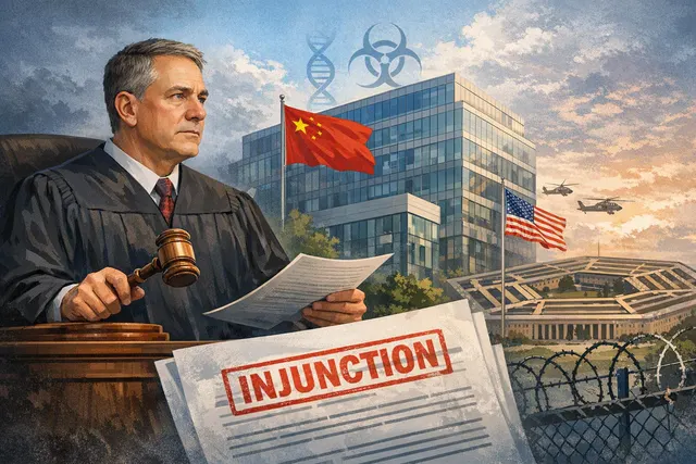 Editorial illustration of a U.S. judge blocking enforcement of the Pentagon’s Chinese military designation of WuXi AppTec