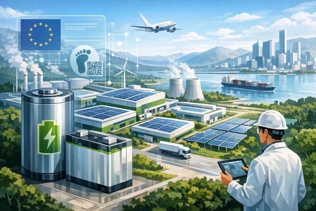 Aerial view of a modern zero-carbon industrial park in China with solar panels and wind turbines integrated into the manufacturing facility landscape.