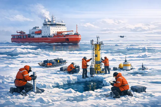 Research team conducting an ice-station survey on sea ice in the central Arctic Ocean