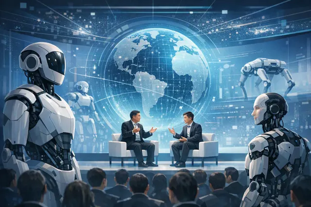 Humanoid robot standing in a conference exhibition hall, illustrating the race to develop embodied AI