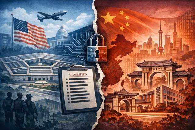 Collage of the Pentagon building and logos of Fudan University and Shanghai Jiao Tong University, representing new additions to the U.S. national security research blacklist.