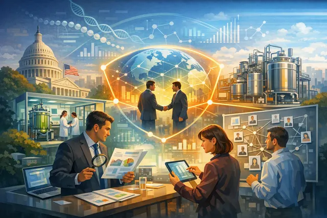 Abstract illustration of biotech industry consolidation with connected molecular structures and corporate logos