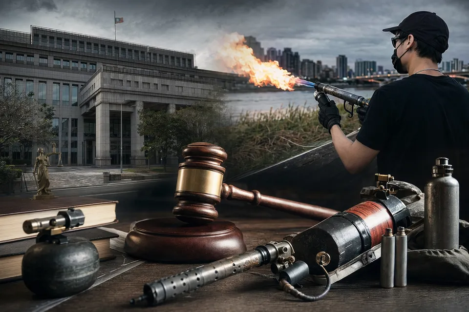 Editorial illustration representing the Sun An‑tso flamethrower investigation in Taiwan
