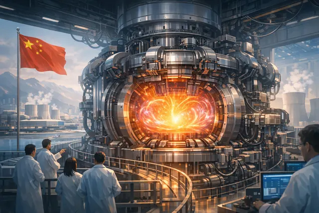 Conceptual artwork of a large toroidal-field superconducting fusion magnet, representing China's record-breaking 582-tonne magnet tested for the BEST artificial sun reactor