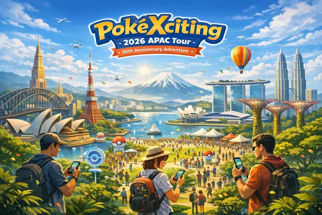 Collage of five iconic landmarks from Kuala Lumpur, Taipei, Singapore, Manila, and Bangkok with a PokéXciting! Pikachu silhouette, representing the Pokémon GO 30th anniversary APAC