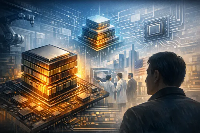AI-generated conceptual image of a semiconductor chip with stacked memory layers, representing Intel CEO Lip-Bu Tan's vision for CPU-memory stacking