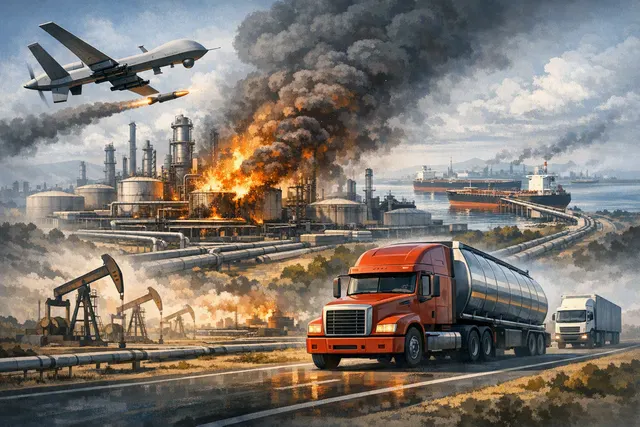 A conceptual image showing a map of Russia with oil refinery icons marked, drone silhouettes, and a trade route arrow from India to Russia, representing the impact of Ukrainian dro