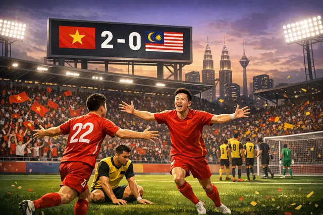 Vietnam players celebrate in front of a flag after the 2026 ASEAN Hyundai Cup semifinal against Malaysia
