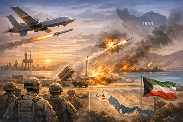 Illustration of a drone strike and air defense interception over a city skyline, representing Iran's drone attack on US targets in Kuwait and the Kuwaiti interception.