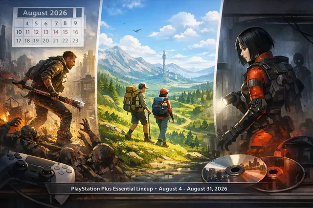 Mockup of the PlayStation Plus August 2026 Essential lineup featuring Dying Light 2 Stay Human: Reloaded Edition, Big Walk, and Signalis.