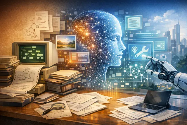 Editorial illustration of AI evolving from rule-based systems to generative models and autonomous agents