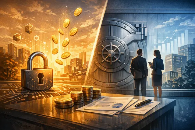 Abstract visual representing the $11.2 billion shift in crypto startup funding from permissionless to regulated models in H1 2026