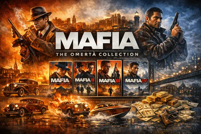 Mafia: The Omertà Collection promotional artwork showing the bundle of all four Mafia Definitive Editions on PS5, Xbox Series X|S, and PC.