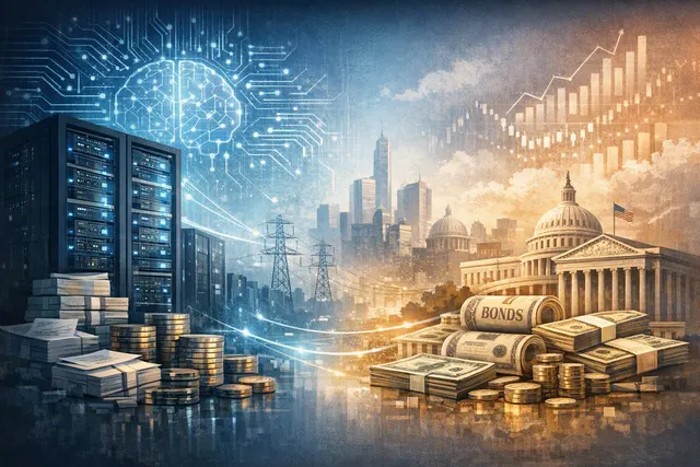 Editorial illustration of AI data centers and hyperscaler companies competing for global bond-market capital