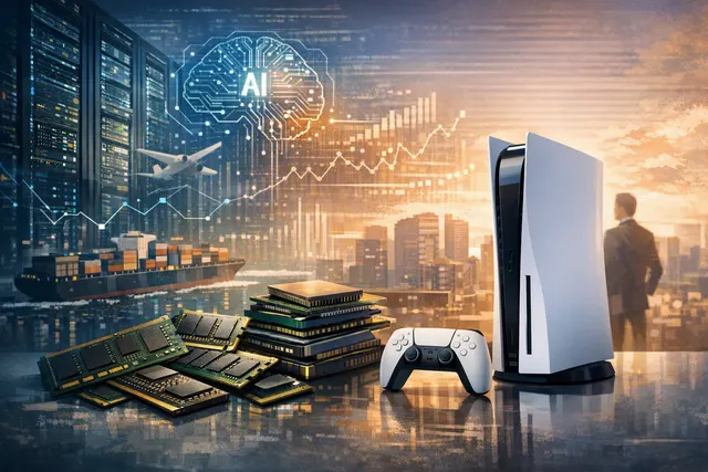 A PlayStation 5 console beside computer memory chips, illustrating how AI-driven component shortages could affect Sony’s PS5 and PS6 strategy